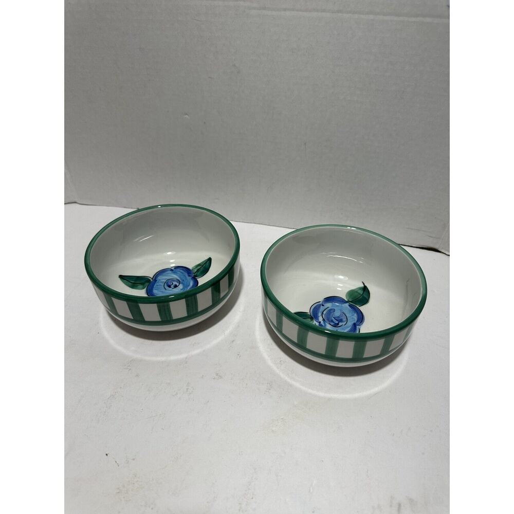 Nancy Calhoun Portugal Royal Blue Flower Teal Checked Bowl Pottery 2 Bowls Set